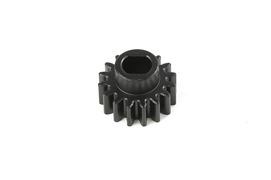 A black metal RC secondary gear with a D-shaped center hole isolated on a white background.