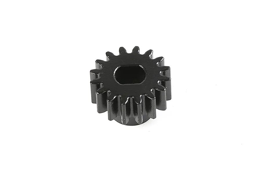 A black metal pinion gear with 14 teeth and a D-shaped center hole, isolated on a white background.