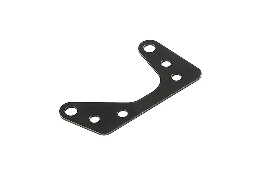 A black metal engine plate for an RC car with several mounting holes, shown against a white background.