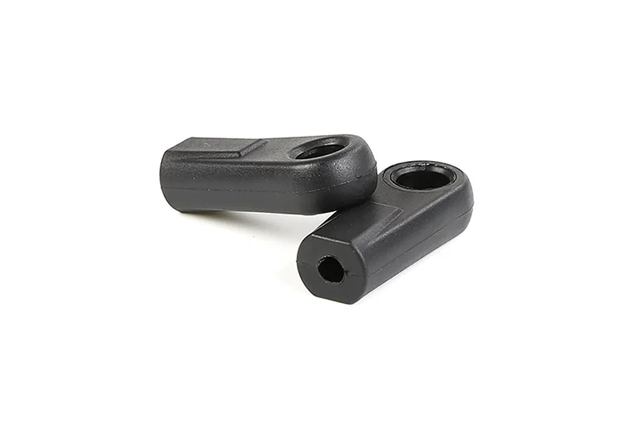 Two black plastic RC rod ends positioned against a plain white background.