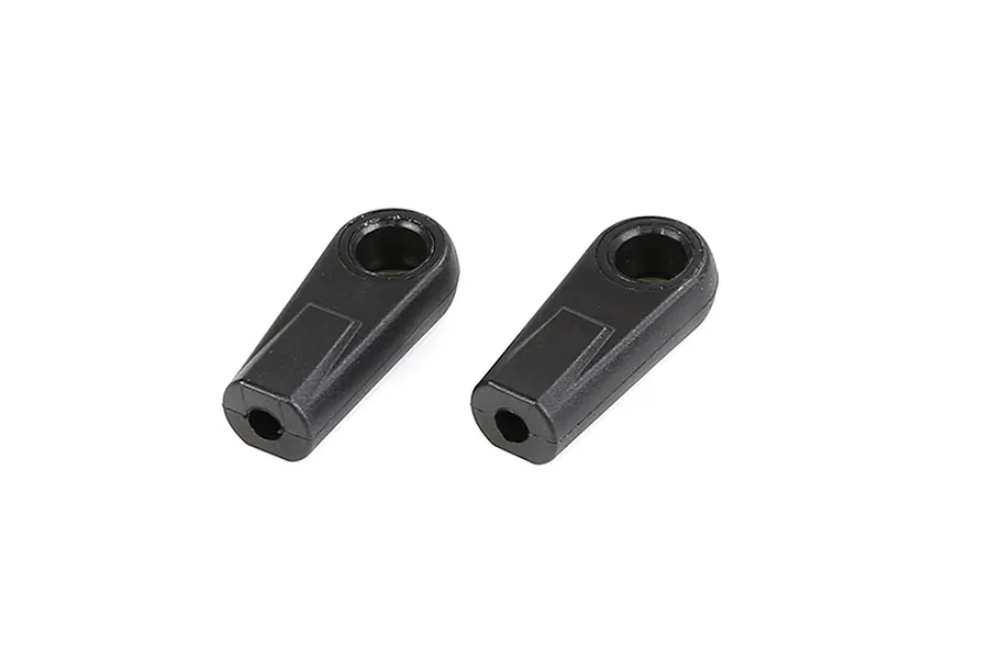 Two black plastic RC rod ends shown from a high angle against a white background.