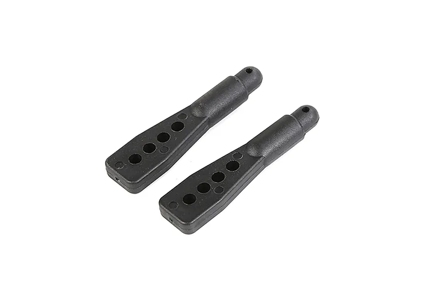 Two black plastic RC body mount posts with multiple adjustment holes, viewed from an angle against a white background.