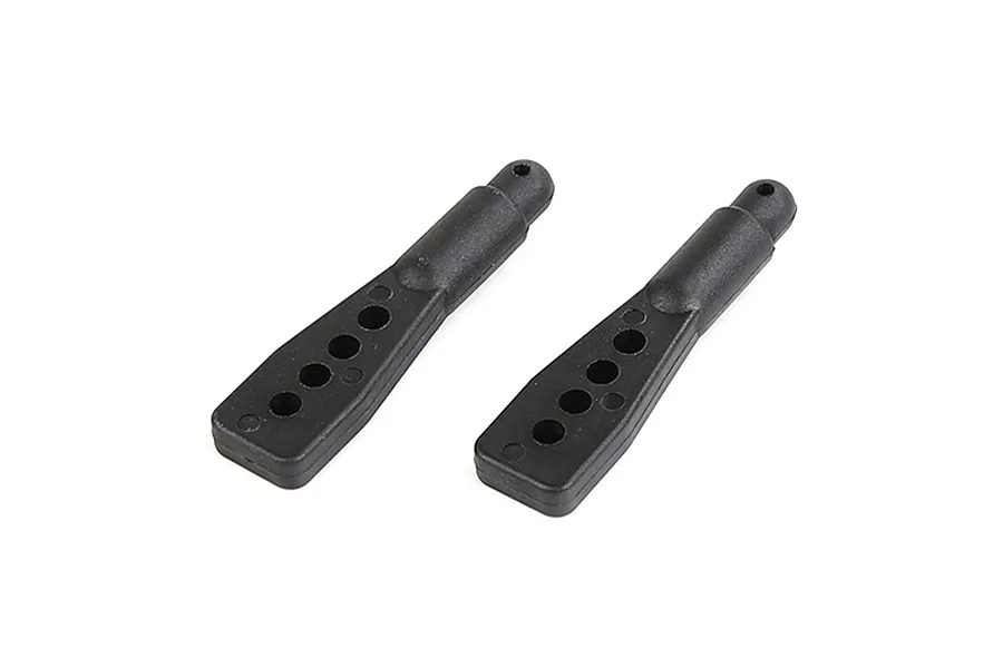 Two black plastic RC body mount posts with multiple adjustment holes, shown from an elevated angle against a white background.