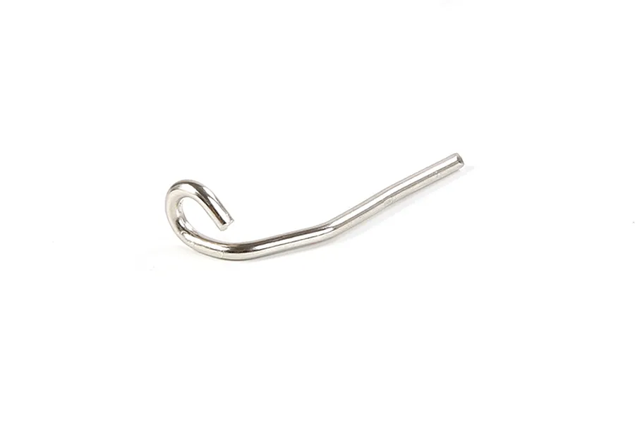 A silver-coloured metal exhaust pipe mounting rod with a hooked end, isolated against a white background.