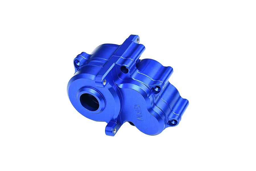 A blue anodized aluminium centre gearbox case for an RC car, featuring the GPM logo embossed on the side.