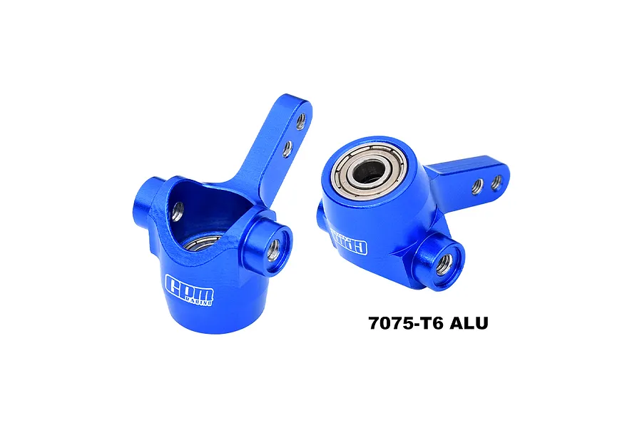 Two blue anodized aluminium steering hubs for RC cars by GPM Racing, featuring pre-installed bearings and 7075-T6 aluminium construction.