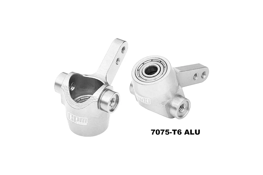 Two silver GPM Racing aluminium steering hubs for RC cars, shown from different angles with bearings installed.
