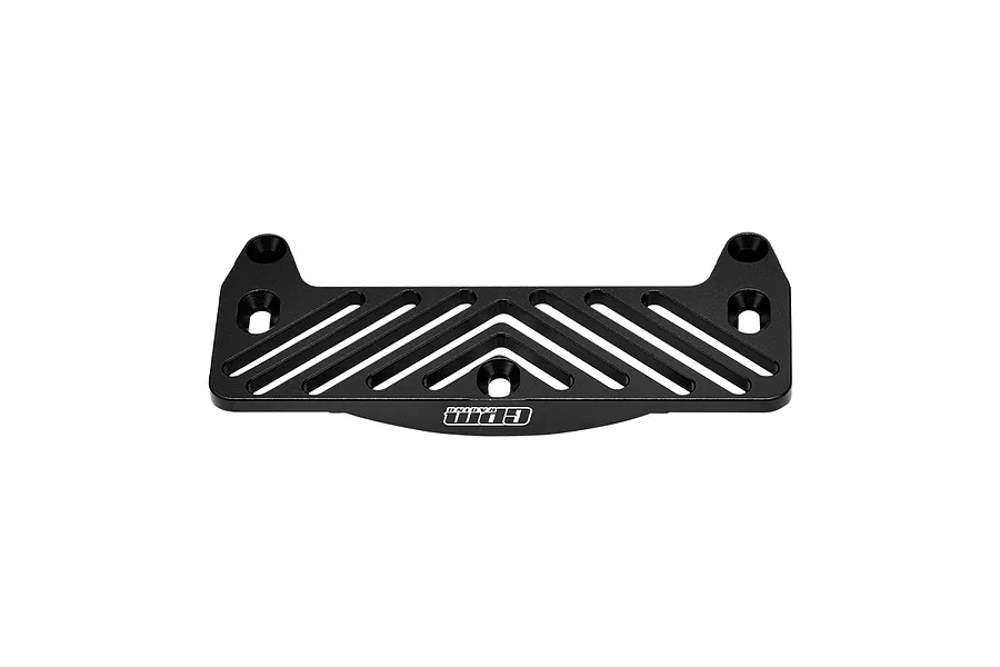 GPM Racing black aluminium front bumper mount for RC cars, featuring a chevron-patterned cutout design and GPM logo.