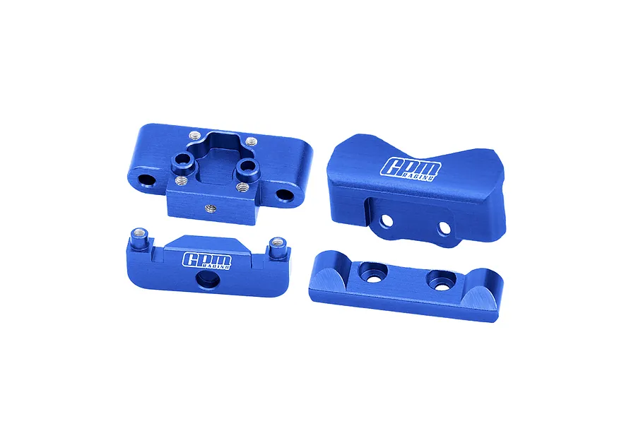 Four blue anodized aluminium RC car parts, including bulkheads and suspension mounts, featuring GPM Racing branding.