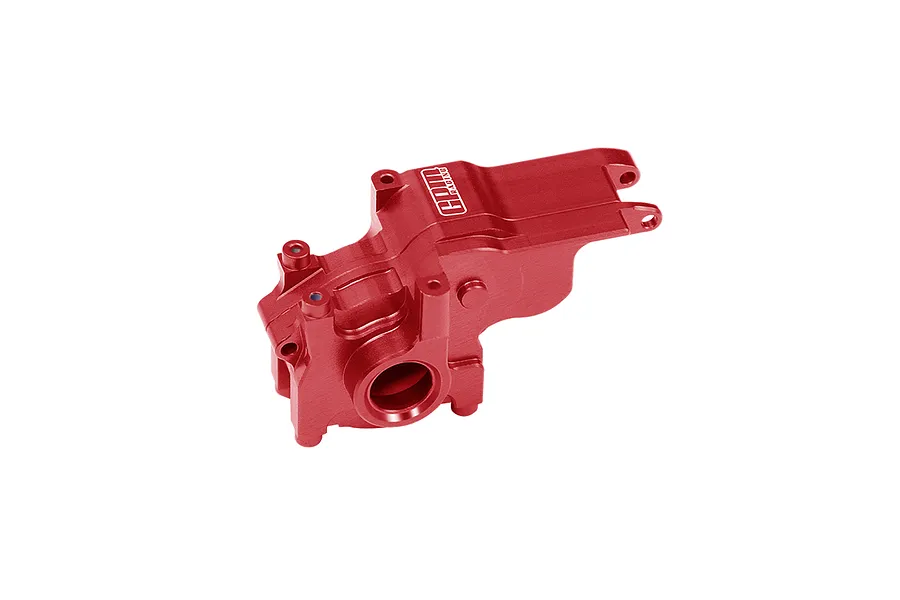 A red anodized aluminium gearbox case for RC cars by GPM Racing, featuring a machined finish and the GPM logo.