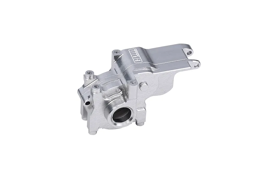 A silver GPM Racing aluminium gearbox case for RC vehicles, shown from a high-angle perspective against a white background.