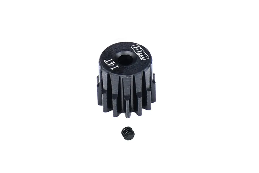 A black 14T pinion gear by GPM Racing with a small grub screw placed below it on a white background.