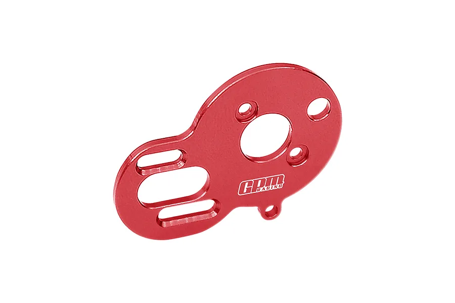 A red anodized aluminium GPM Racing motor plate for RC vehicles, featuring various mounting holes and slots, isolated on a white background.