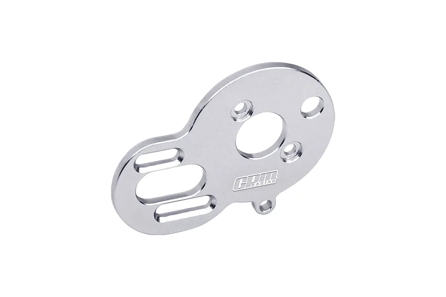 A silver GPM Racing aluminium motor plate for RC cars, featuring mounting holes and slots, isolated on a white background.