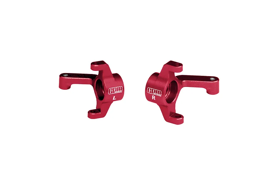 A pair of red anodized aluminium front steering hubs for RC cars, marked with L and R for left and right sides, featuring the GPM Racing logo.