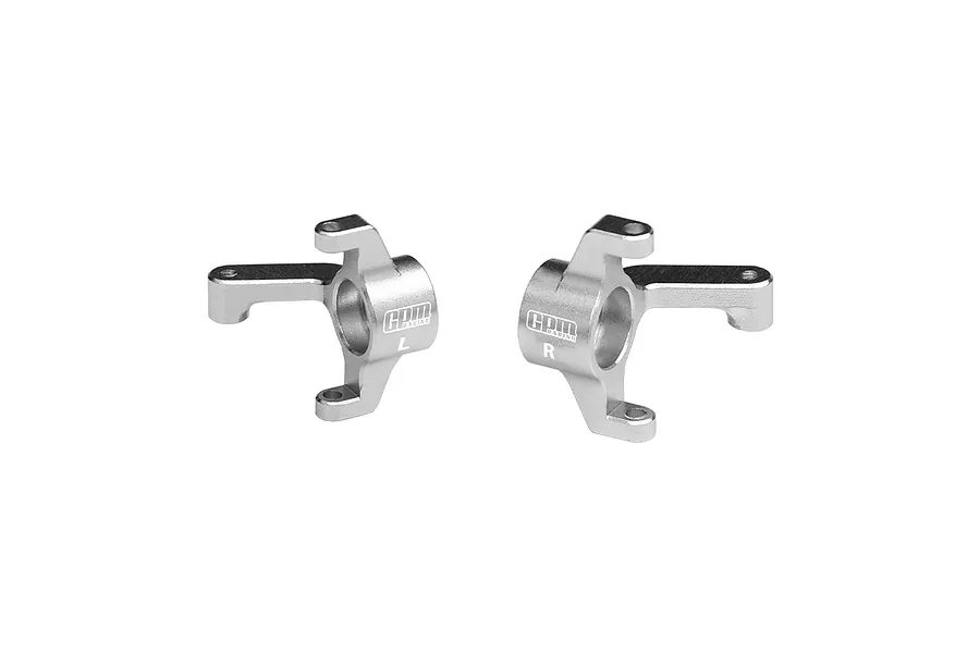 Two silver GPM Racing aluminium front steering hubs for RC cars, marked with L and R for left and right sides.