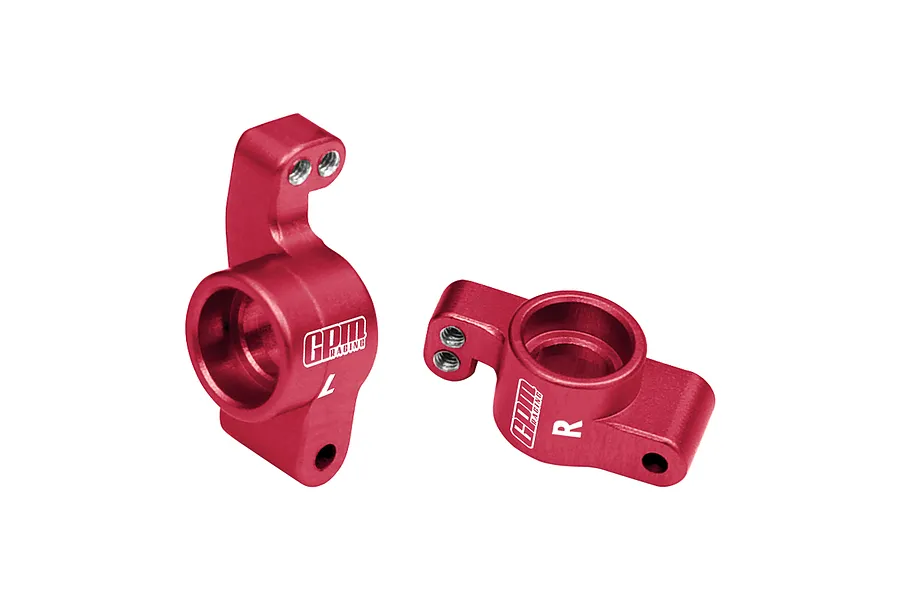 A pair of red anodized aluminium rear hubs for RC cars by GPM Racing, marked with L and R for left and right sides.