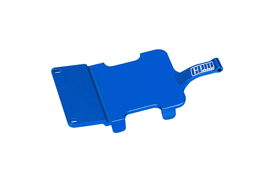 A blue anodized aluminium electronics and receiver mount by GPM Racing, featuring a flat plate design with a mounting arm and the GPM logo.