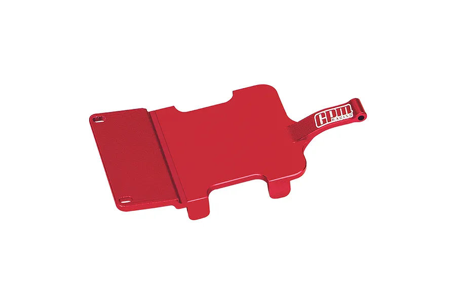 A red anodized aluminium electronics and receiver mount by GPM Racing for RC vehicles.
