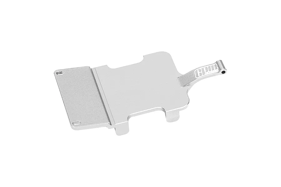 A silver GPM Racing aluminium electronics and receiver mount for RC vehicles, shown from a top-down perspective against a white background.