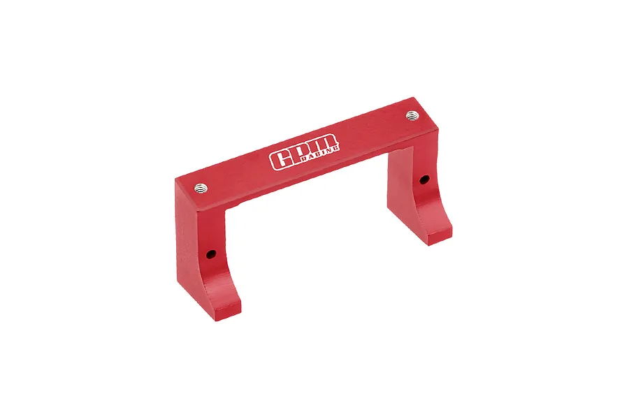 A red anodized aluminium GPM Racing servo mount for RC vehicles, shown from a high-angle perspective against a white background.