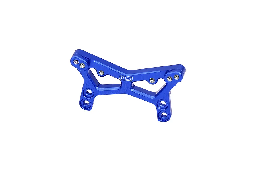 A blue anodized aluminium front shock tower for an RC car by GPM Racing, featuring multiple mounting holes and a branded logo.