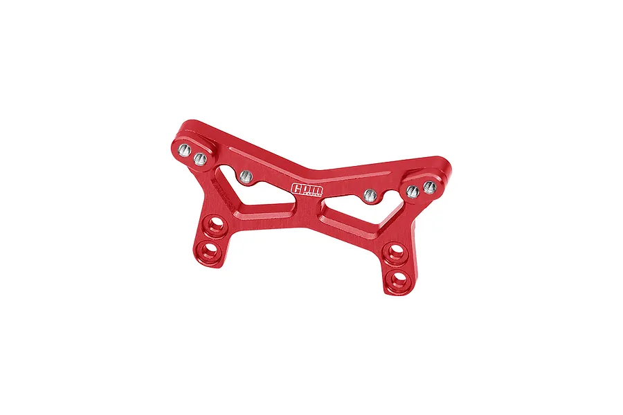 A red anodized aluminium front shock tower for an RC car, featuring multiple mounting holes and the GPM Racing logo.