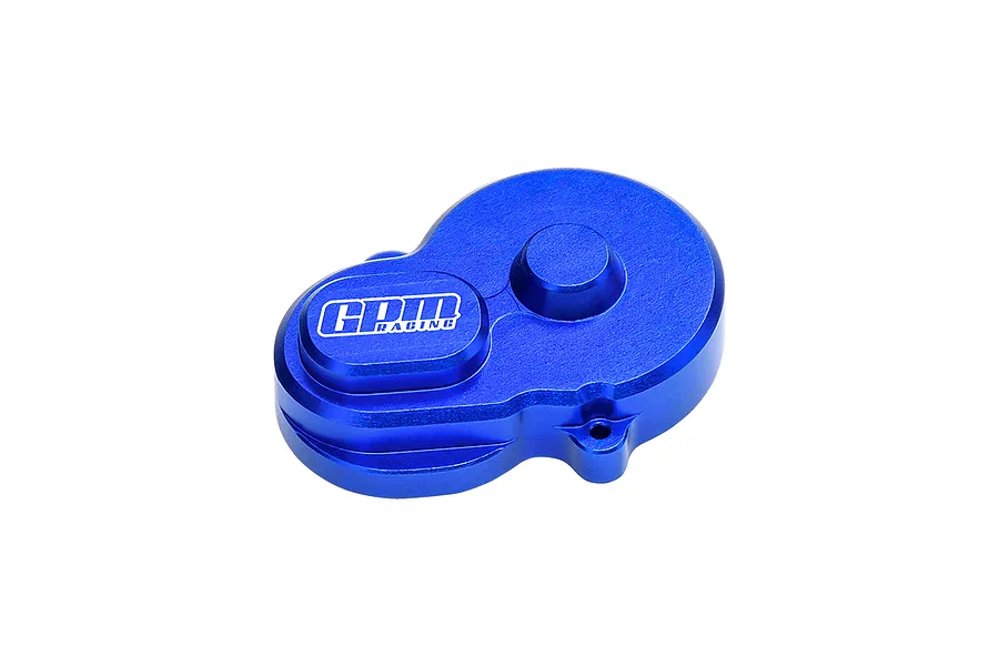 A blue anodized aluminium main gear cover for an RC car by GPM Racing, featuring a laser-etched logo.