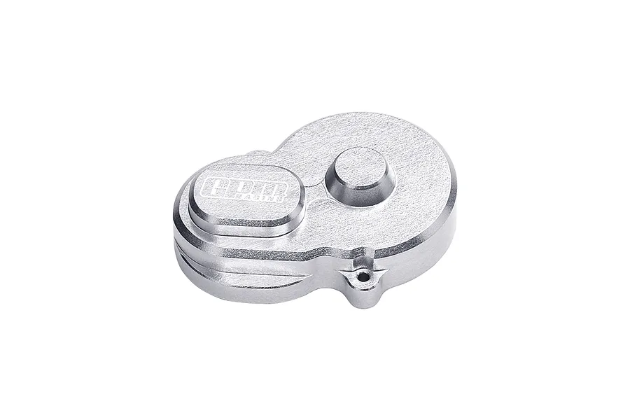 A silver GPM Racing aluminium main gear cover for RC vehicles, featuring a machined metal finish and embossed logo.