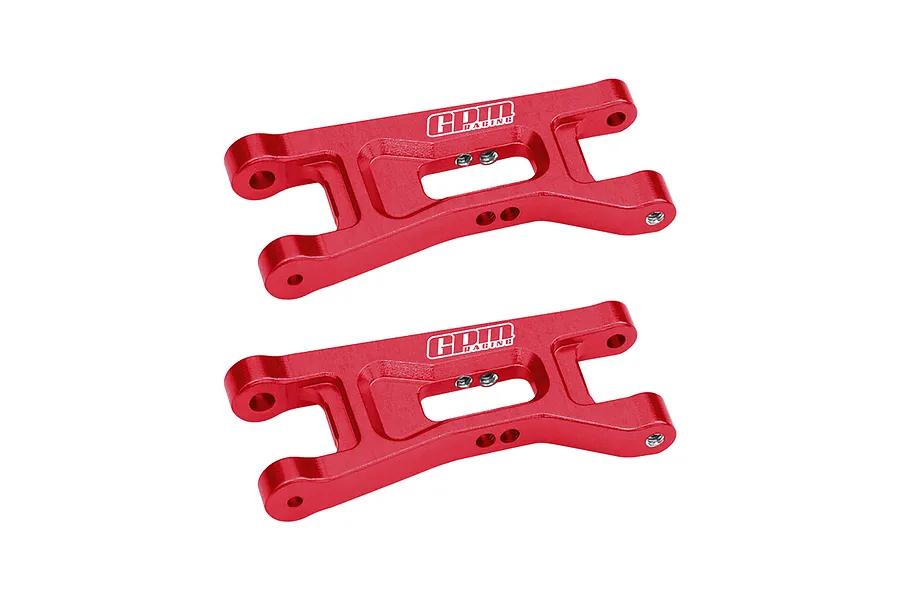 Two red anodized aluminium front lower suspension arms for RC cars by GPM Racing, shown against a white background.