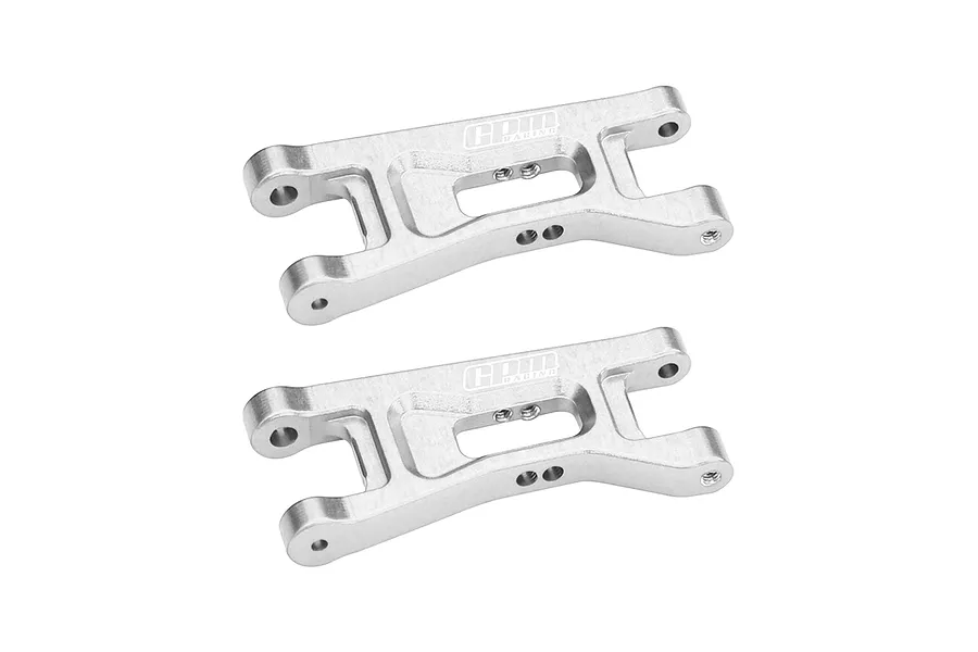 Two silver GPM Racing aluminium front lower suspension arms for RC vehicles, shown from an angled perspective against a white background.