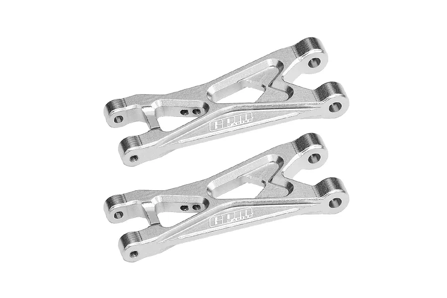 Two silver GPM Racing aluminium rear lower suspension arms for RC cars, shown from an angled perspective against a white background.