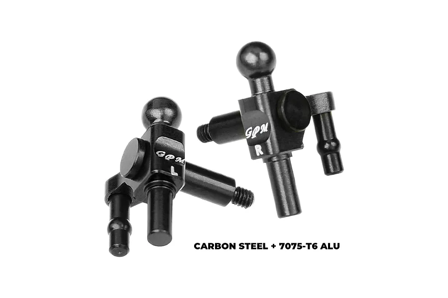 A pair of black GPM Racing steering hubs for RC cars, featuring L and R markings and a mix of carbon steel and 7075-T6 aluminium construction.