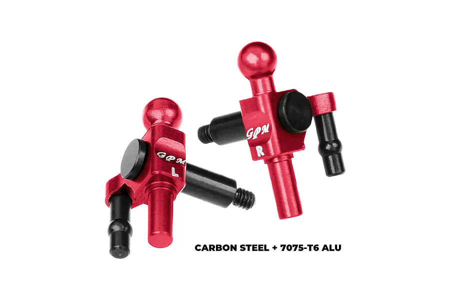 Two red and black GPM Racing steering hubs for RC cars, featuring L and R markings, isolated on a white background.