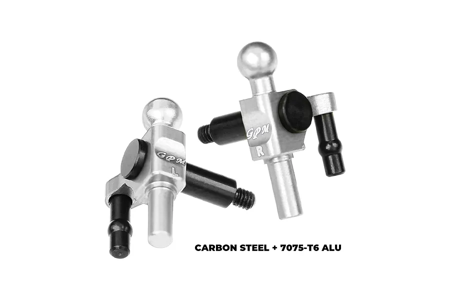 A pair of silver and black GPM Racing steering hubs for RC cars, featuring left and right markings and metal construction.