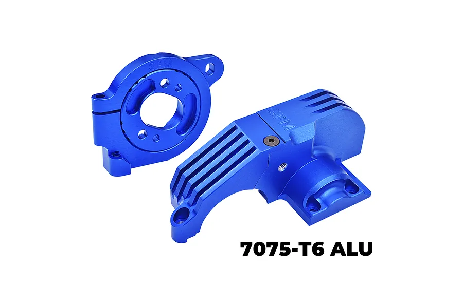 GPM Aluminium Main Gear Cover &amp;amp; Motor Mount Set - Blue image 111556