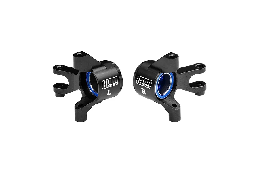 A pair of black GPM Racing aluminium front steering hubs with blue-sealed oversized bearings, marked L and R for left and right side installation.