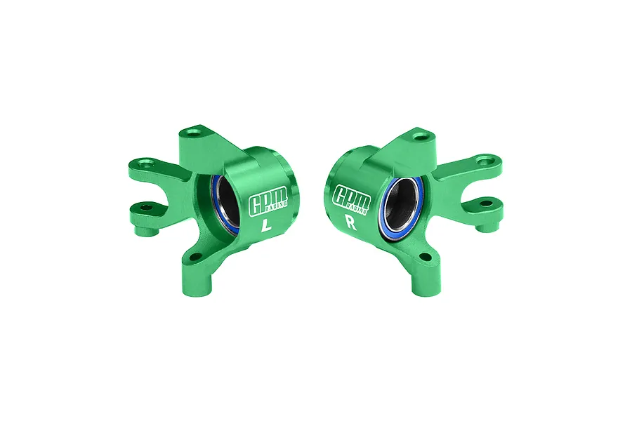 A pair of green anodized aluminium RC front steering hubs by GPM Racing, featuring pre-installed bearings and marked with L and R for orientation.