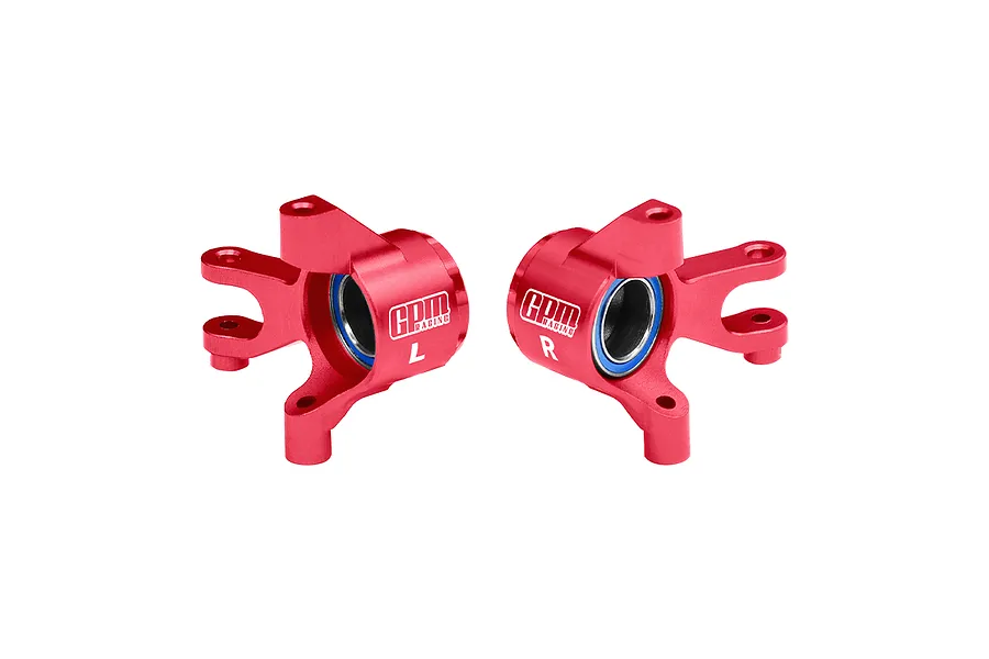 A pair of red anodized aluminium front steering hubs for RC cars by GPM Racing, featuring pre-installed bearings and marked with L and R.