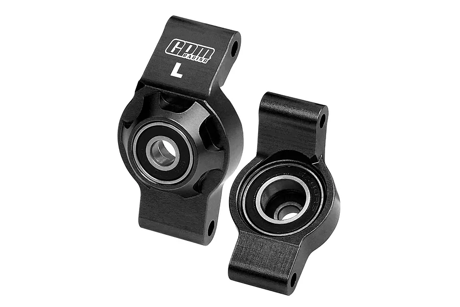 Two black GPM Racing aluminium rear hubs for RC cars, featuring pre-installed bearings and L/R markings.