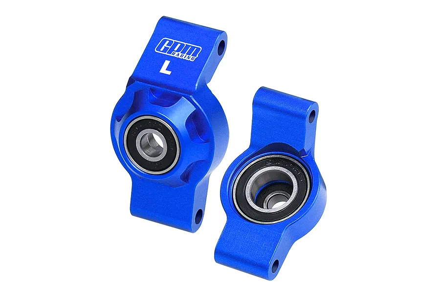 Two blue anodized aluminium RC rear hubs from GPM Racing, featuring pre-installed ball bearings and laser-etched markings.