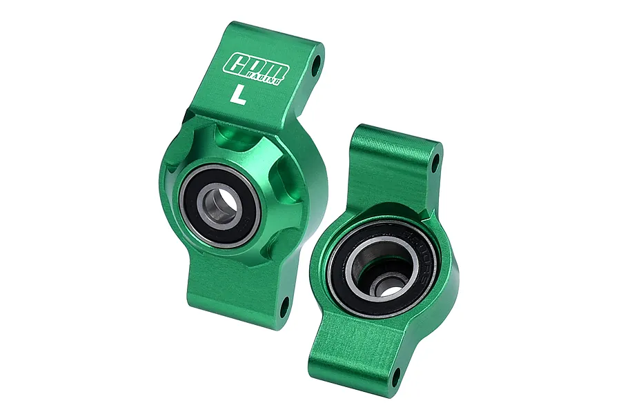 Two green anodized aluminium RC rear hubs from GPM Racing, featuring pre-installed ball bearings and marked with L and R indicators.