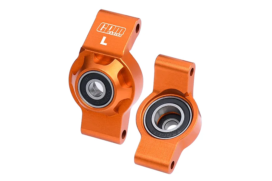 A pair of orange anodized aluminium rear hubs for RC cars by GPM Racing, featuring pre-installed ball bearings.