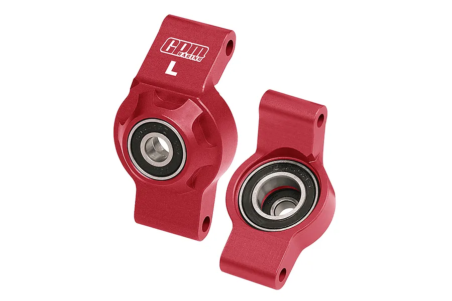 Two red anodized aluminium rear hubs for RC cars by GPM Racing, featuring pre-installed ball bearings and marked with L and R for orientation.