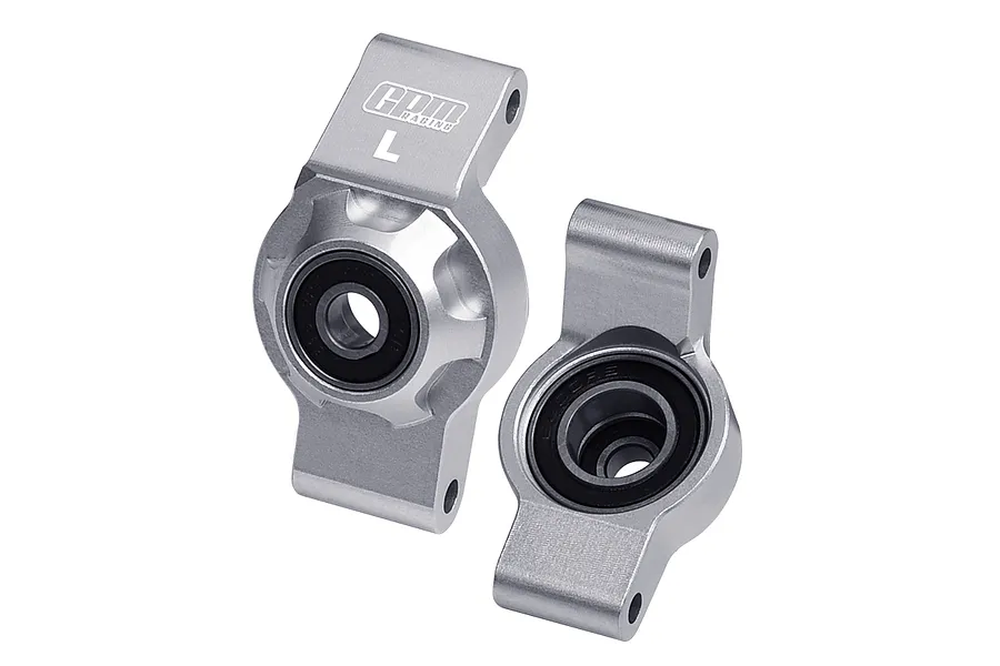 A pair of silver GPM Racing aluminium rear hubs for RC cars, featuring pre-installed black ball bearings and marked with L and R indicators.