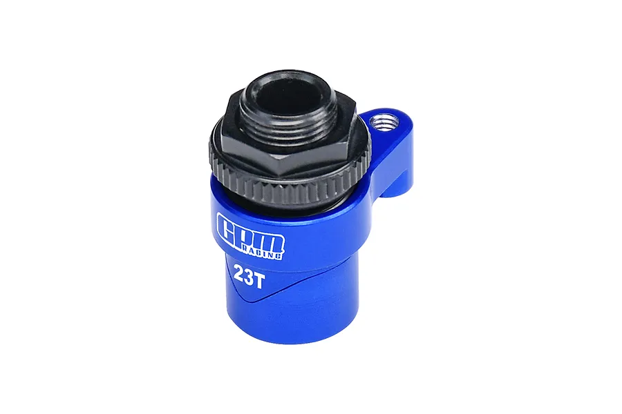 A blue GPM Racing aluminium 23T servo horn with an integrated servo saver mechanism, featuring a black threaded top component.