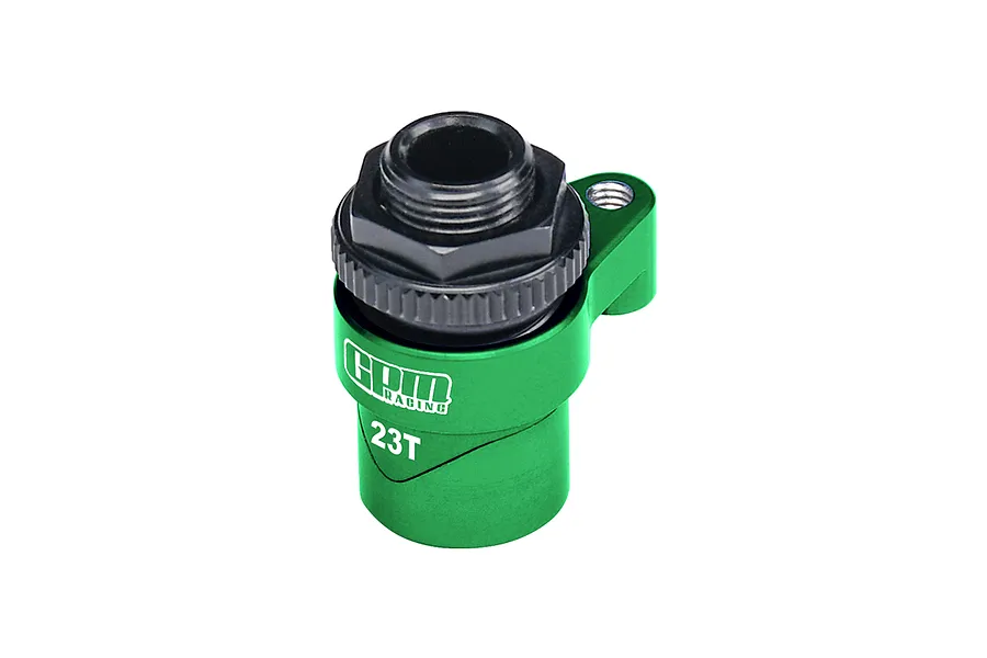 A green GPM Racing 23T aluminium servo horn with an integrated black servo saver mechanism, shown against a white background.