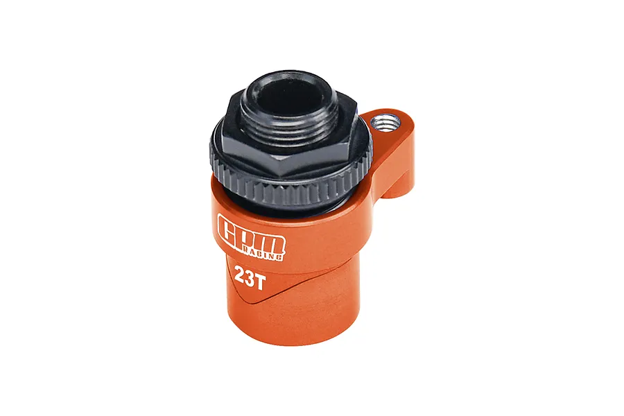 GPM Racing orange aluminium 23T servo horn with integrated servo saver mechanism against a white background.
