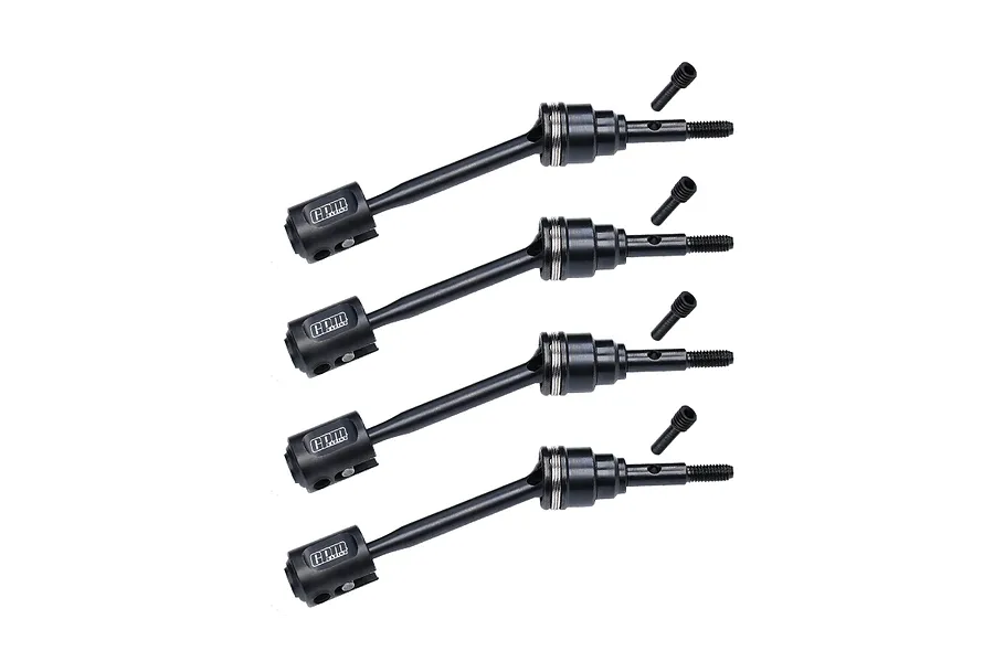 Four black GPM Racing carbon steel CVD driveshafts with matching grub screws arranged on a white background.