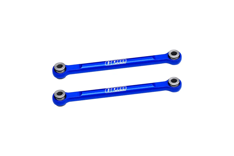 Two blue anodized aluminium GPM Racing steering linkage rods with metal pivot ball ends, isolated on a white background.